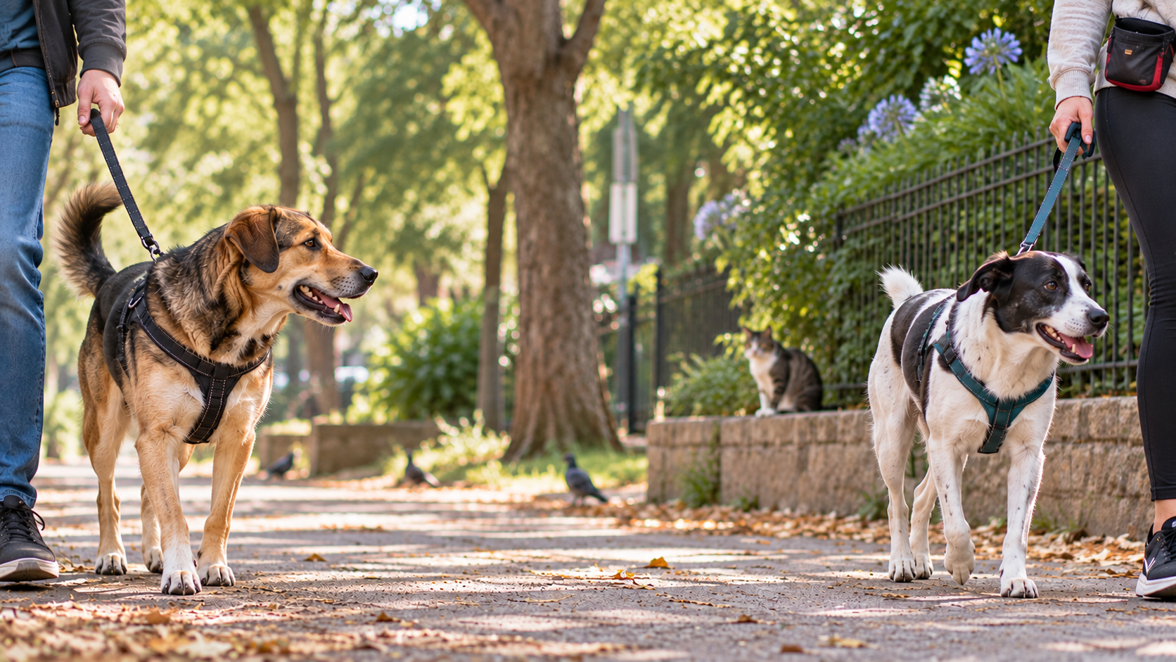 Dos perros con arnés, separados y acompañados por sus personas, en un sendero.