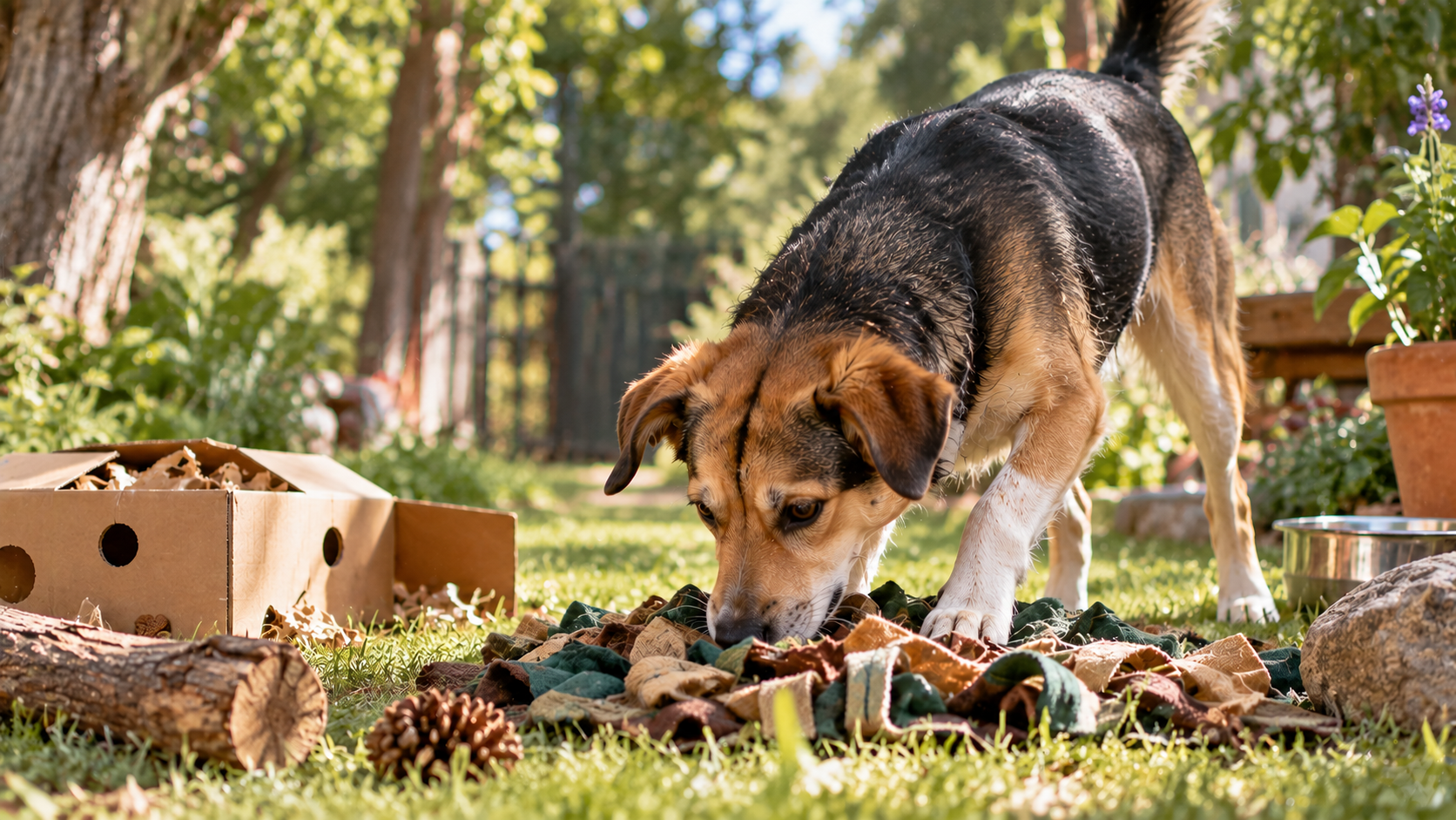 Un perro olfatea una alfombra de búsqueda en un jardín, junto a una caja de cartón y otros elementos.