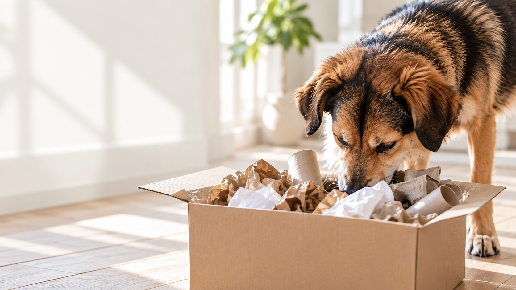 Un perro olfatea una caja de cartón con papeles y tubos de cartón en una habitación luminosa.