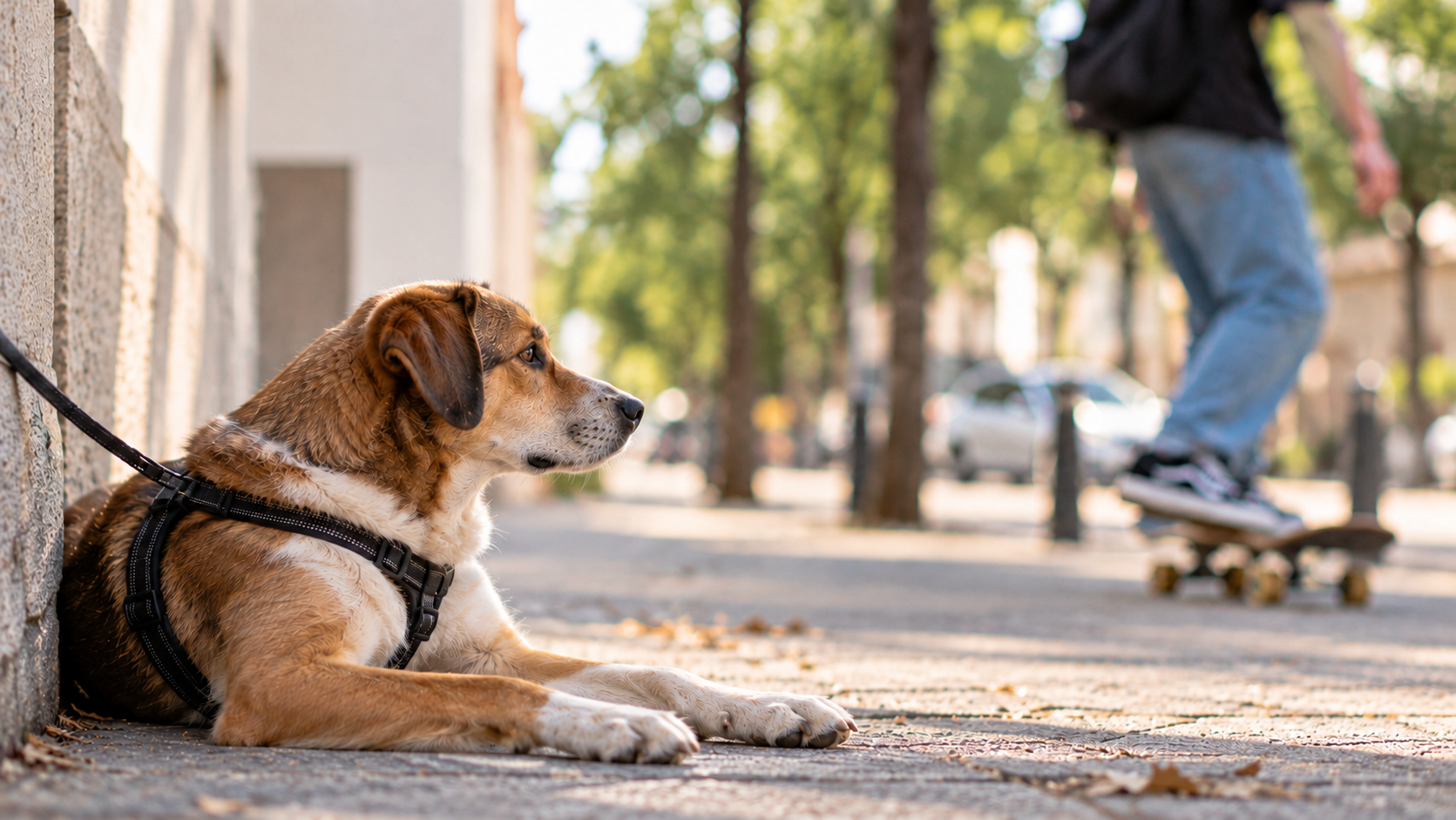 Un perro con arnés recostado junto a una pared observa a una persona sobre una patineta a cierta distancia.